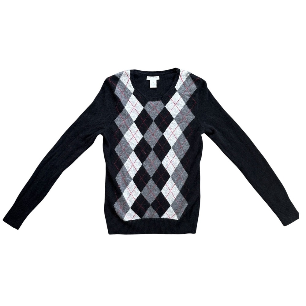 Tweeds Argyle Cashmere Sweater Women M Black Grey Preppy Crew Neck Excellent